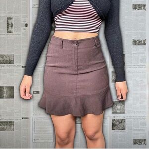 Brown Suede Peplum Ruffle Trim Mini Skirt